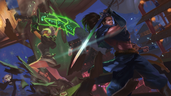 Riven and Yasuo from League of Legends fighting