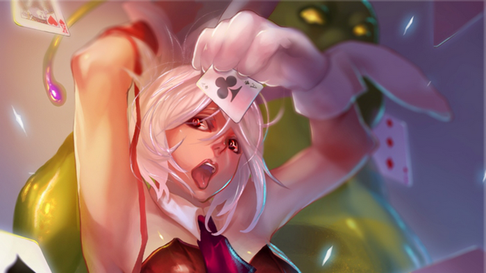 Riven from League of Legends holding playing cards