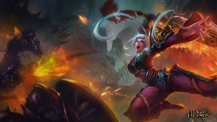 Riven from League of Legends fighting a dragon