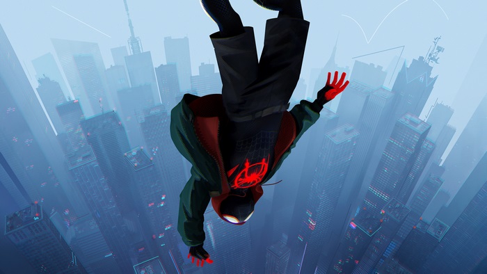 Miles Morales Diving Among City Skyscrapers