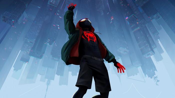 Miles Morales Spider-Man Reaching Up in Cityscape