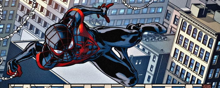 Miles Morales swinging through a city