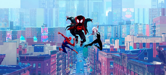 Miles Morales and Spider-People Leaping Between Buildings
