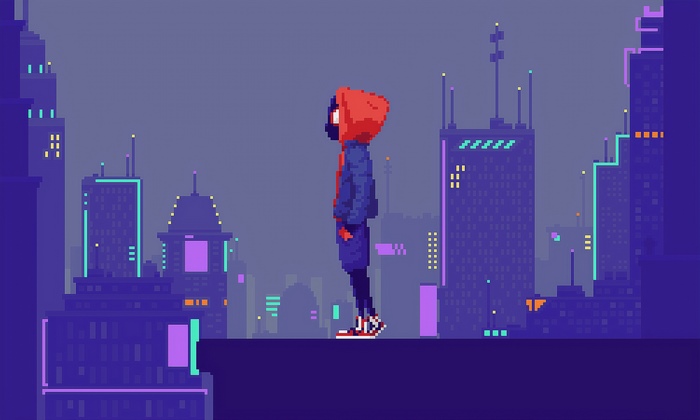 Miles Morales in a pixelated city