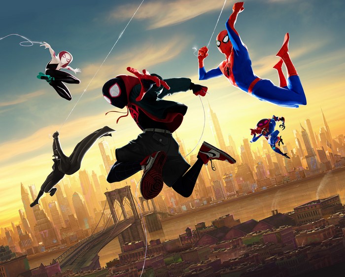 Spider-Man: Into the Spider-Verse characters swinging over New York City