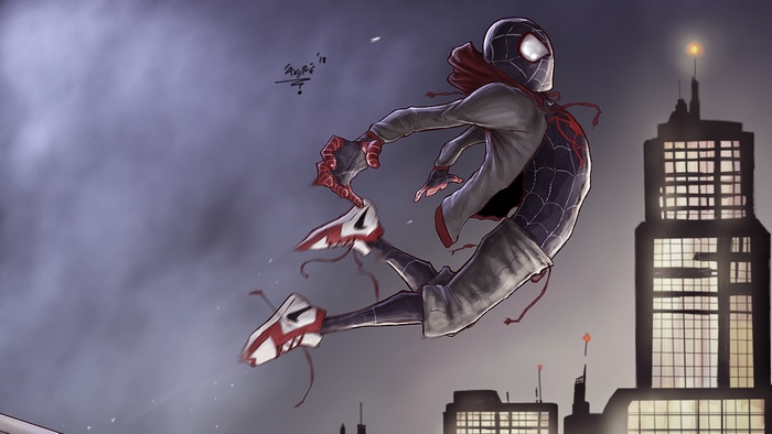 Miles Morales jumping in a city
