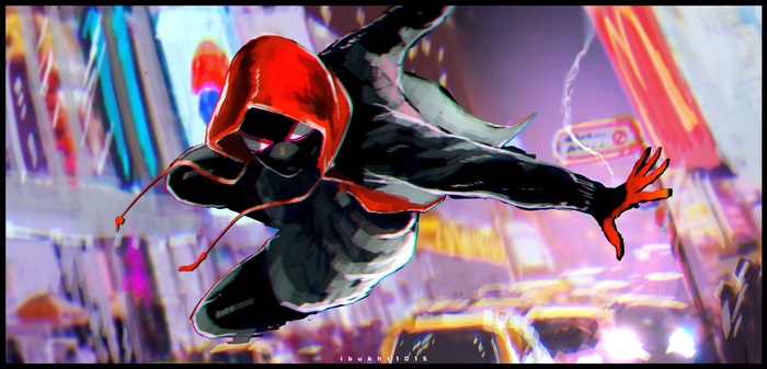 Miles Morales in a city at night