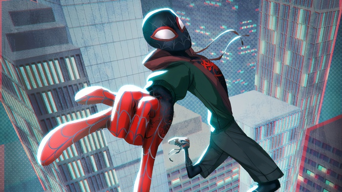 Miles Morales Swinging Through Cityscape