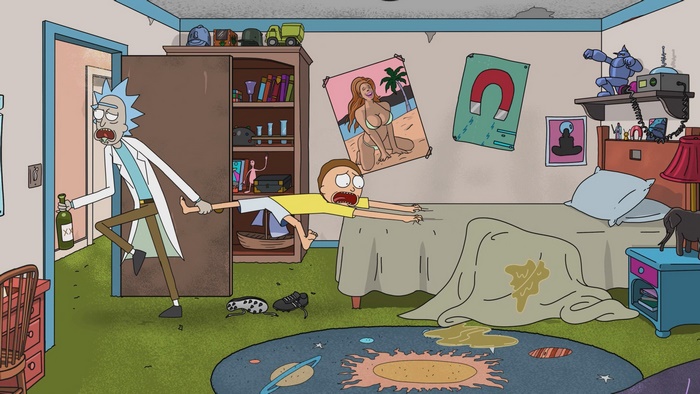 Rick and Morty in a messy bedroom