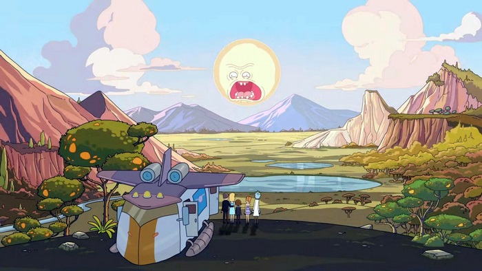 Rick and Morty on an alien planet with a sentient sun
