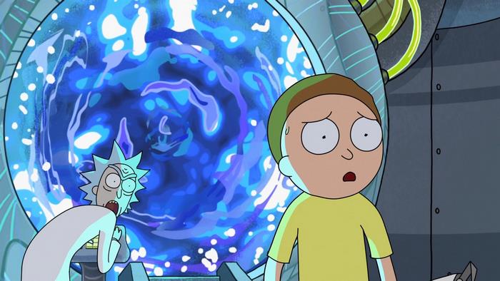 Rick and Morty near a portal