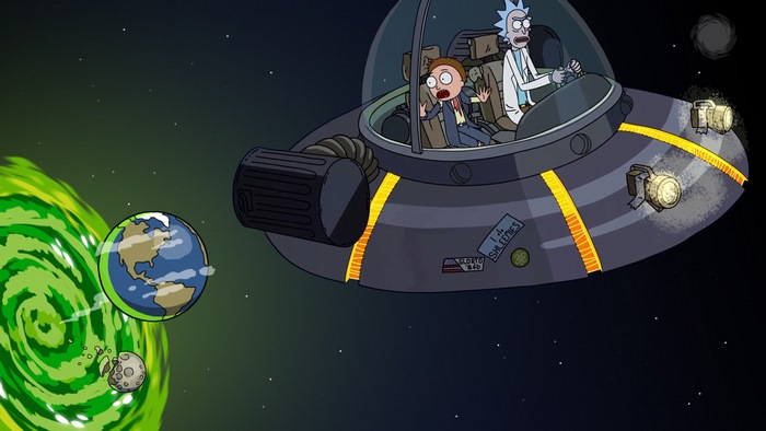 Rick and Morty in spaceship near Earth and portal