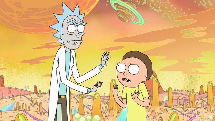 Rick and Morty in an alien landscape