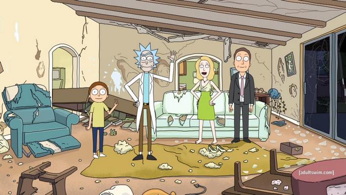 Morty Smith from Rick and Morty in a destroyed living room