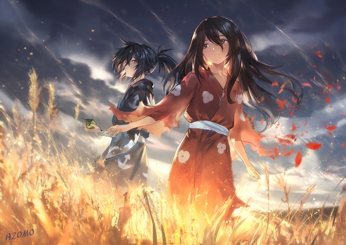 Hyakkimaru and Dororo from Dororo in a field
