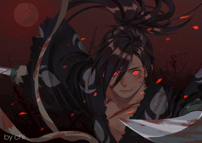 Hyakkimaru from Dororo with glowing red eyes