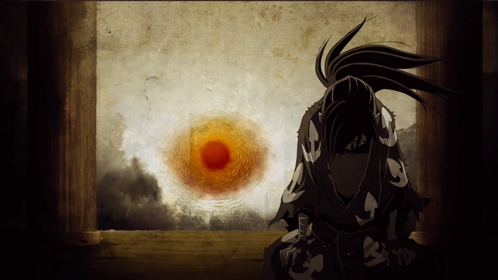 Hyakkimaru from Dororo sitting in front of a sun
