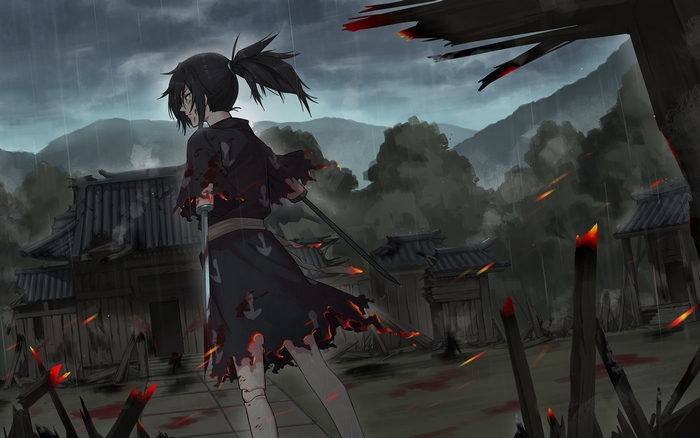 Hyakkimaru from Dororo in a burning village