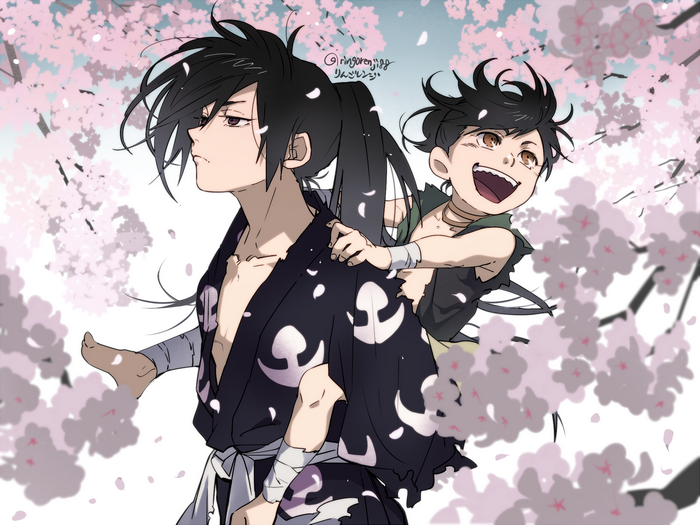 Hyakkimaru and Dororo from Dororo with cherry blossoms
