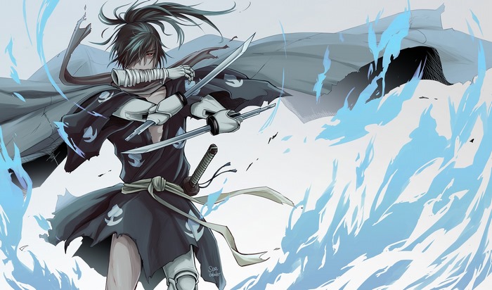 Hyakkimaru from Dororo with swords and blue flames