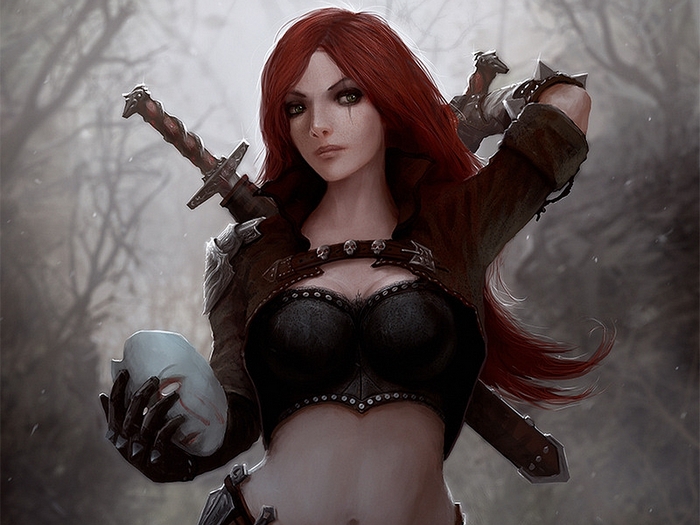 Katarina from League of Legends holding a mask