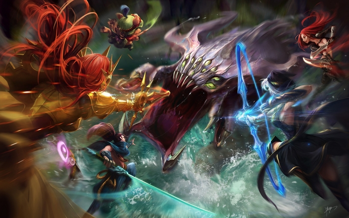 Katarina and allies fighting a monster in League of Legends