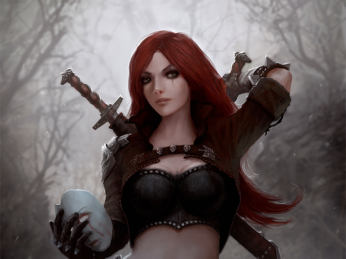 Katarina from League of Legends with a mask and swords