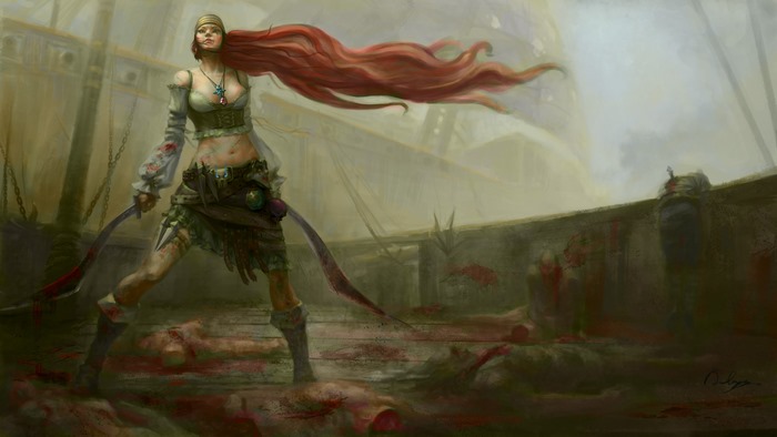 Katarina from League of Legends on a bloody ship deck