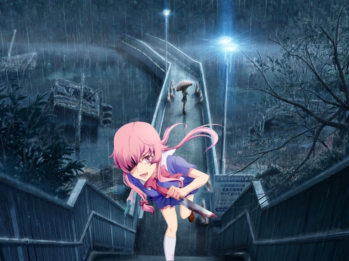 Yuno Gasai running with a knife in the rain