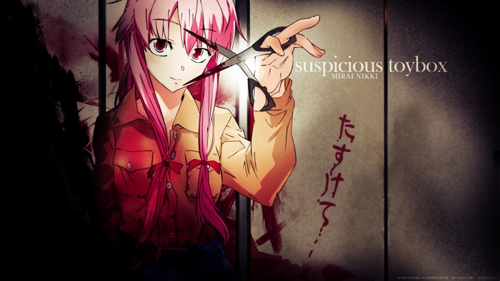 Yuno Gasai from Mirai Nikki holding bloody scissors