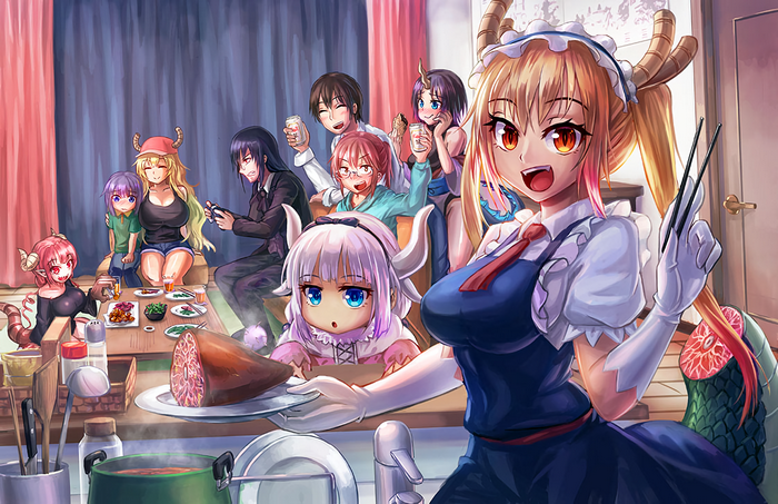 Miss Kobayashi's Dragon Maid characters at a meal