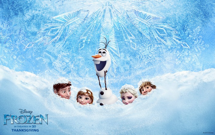 Olaf, Anna, Elsa, Kristoff, and Sven from Frozen in snow