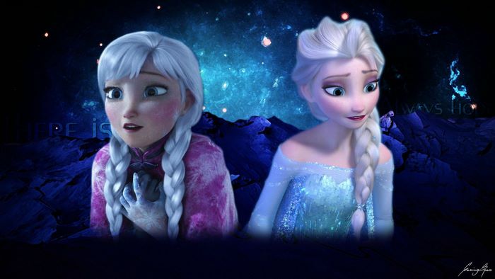 Anna and Elsa from Frozen in a starry background
