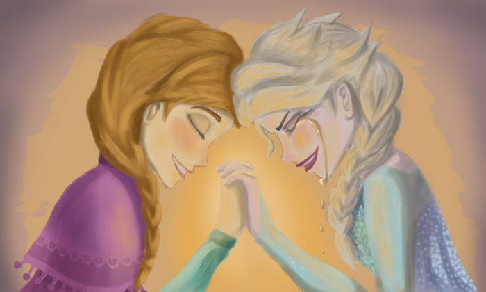 Anna and Elsa from Frozen crying and holding hands