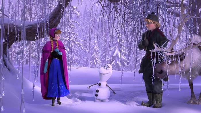 Anna, Kristoff, Olaf, and Sven from Frozen in a snowy forest