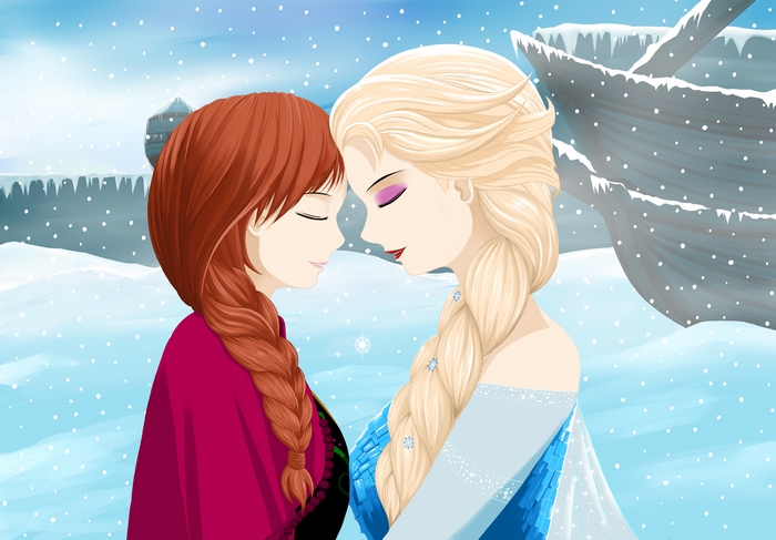 Anna and Elsa from Frozen in a snowy landscape