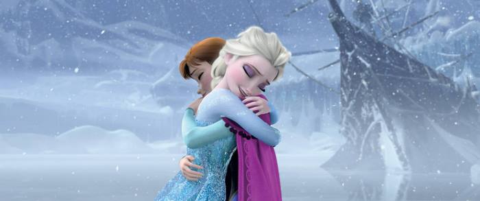 Anna and Elsa hugging in the snow