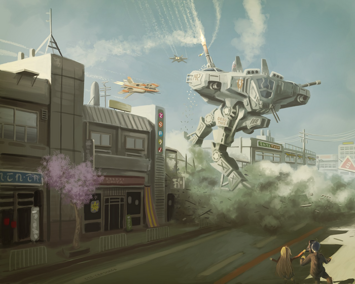 Giant Mech attacking a city with fighter jets