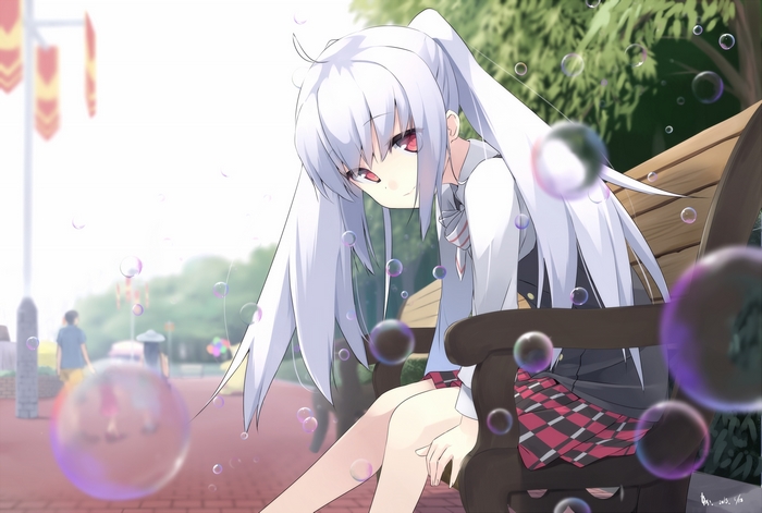 Isla from Plastic Memories sitting on a bench