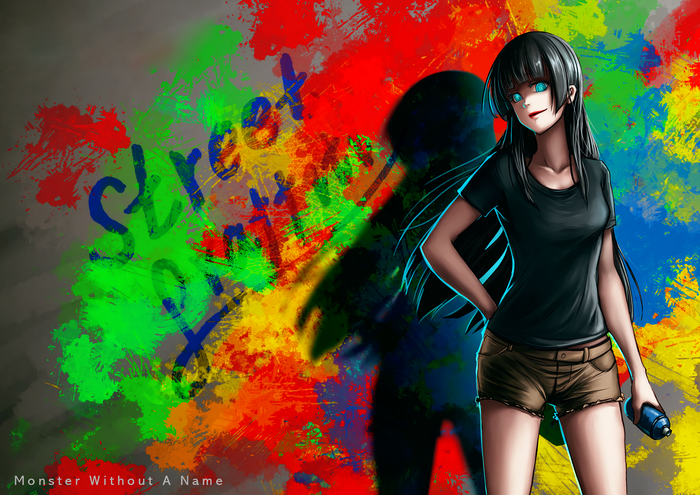 Girl with spray paint can in front of graffiti wall