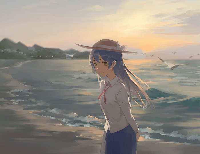 Umi Sonoda by the sea at sunset