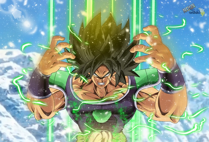 Broly from Dragon Ball powering up in a snowy landscape