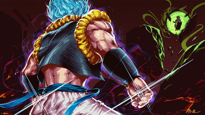 Gogeta from Dragon Ball fighting Broly