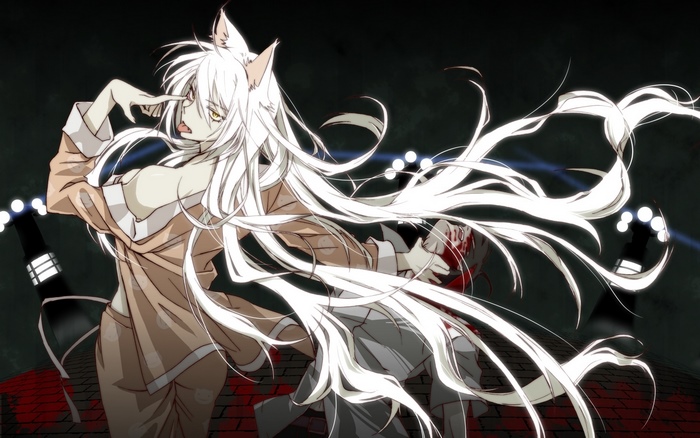 Tsubasa Hanekawa with white hair and cat ears