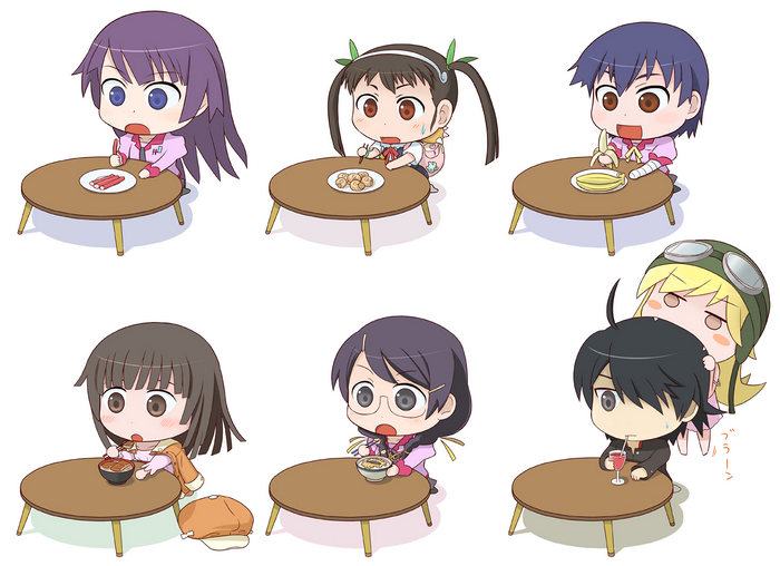 Chibi characters from Monogatari Series eating