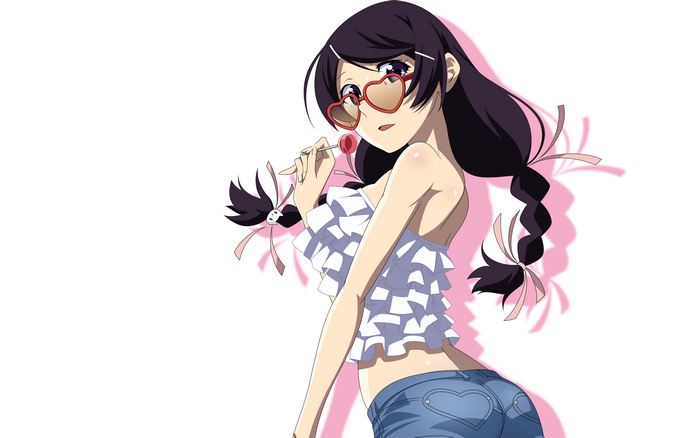 Tsubasa Hanekawa with heart-shaped glasses and lollipop
