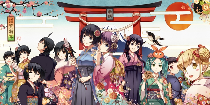 Tsubasa Hanekawa and friends at a shrine
