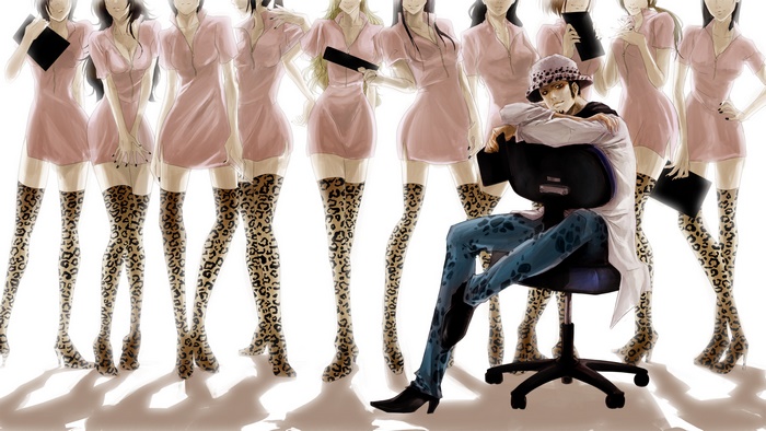 Trafalgar Law and women in pink dresses from One Piece