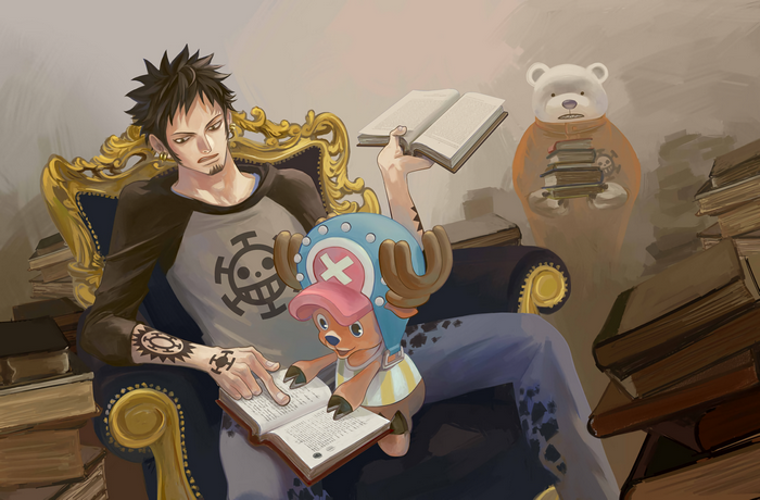 Trafalgar Law and Chopper from One Piece reading books