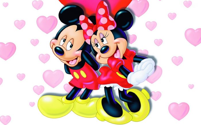 Mickey Mouse and Minnie Mouse with pink hearts